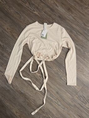 H&M Pale Cream Long Sleeve Wrap Crop Top with Waist Ties